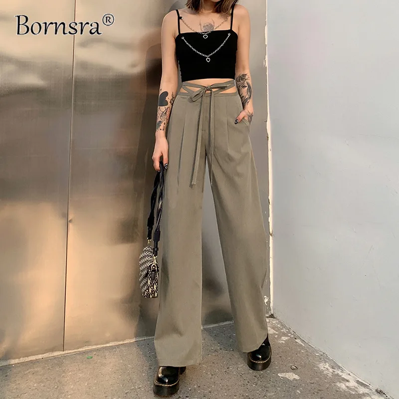 

Bornsra Woman 2021 Spring and Summer New Fashion Solid Color High Waist Casual Wide-leg Pants Full Length Womens Pants