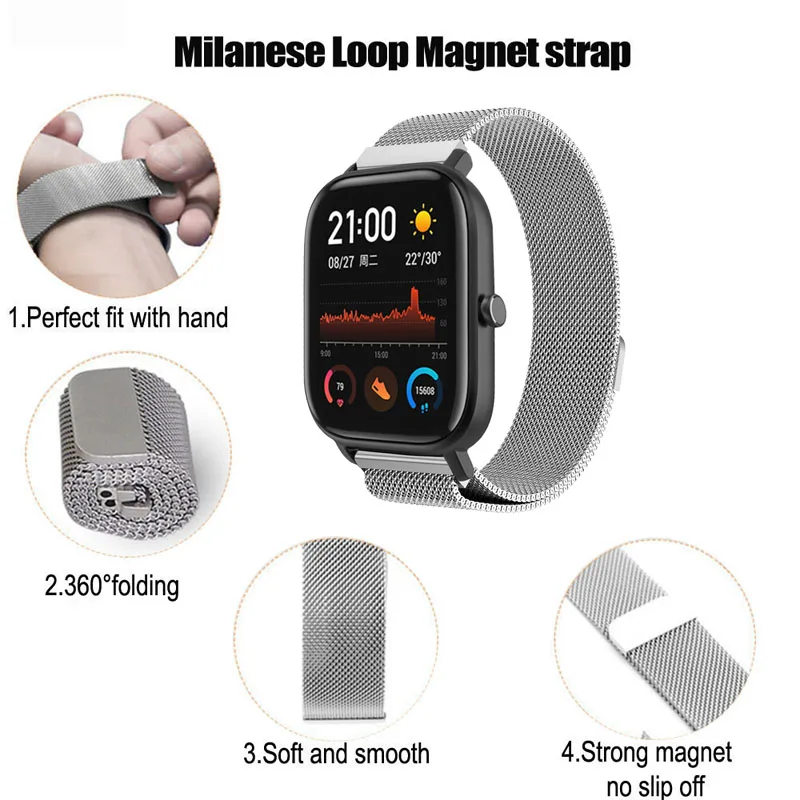 Для Xiaomi Amazfit GTS браслет ремешок для часов Amazfit Bip ремешок для часов Amazfit GTR 42 мм Миланская нержавеющая сталь 20 мм силиконовый ремешок