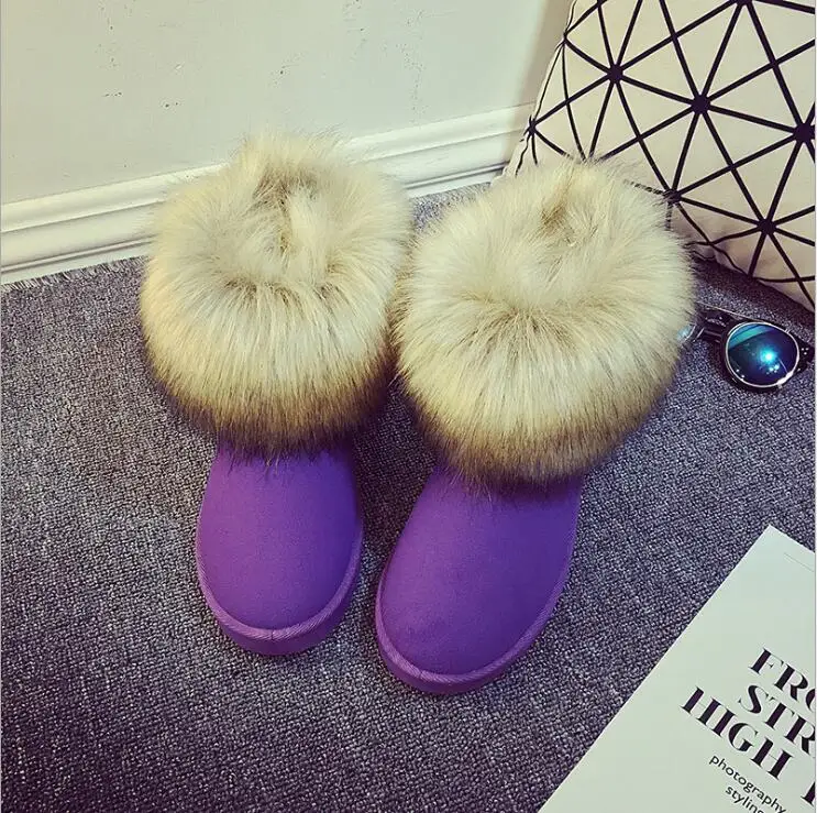 2019 Fashion Girls Cow Suede Leather Fox Fur Women Short Winter boots for Ankle Snow Boots Keep Warm Shoes Black Brown | Обувь