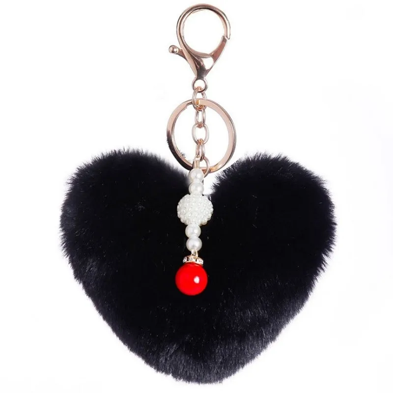 

Милый брелок для ключей, брелок для ключей в виде сердца из искусственного кроличьего меха с жемчужным помпоном, женская сумка для девочек, ...