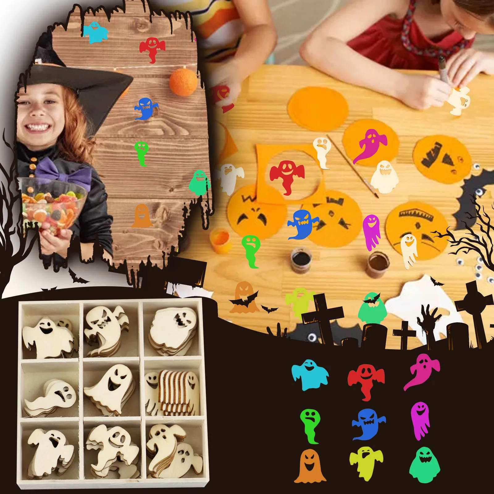 

Деревянные украшения на Хэллоуин, призрак, «сделай сам», граффити, подвесные Подвески, украшение для хэллоуивечерние, вечеринки, для дома, д...