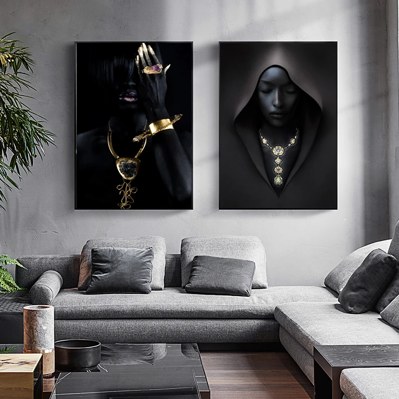 

Black Women with Jewelry Art Canvas Painting Cuadros Female Portrait Wall Art Poster Print Decorative Pictures Living Room Decor
