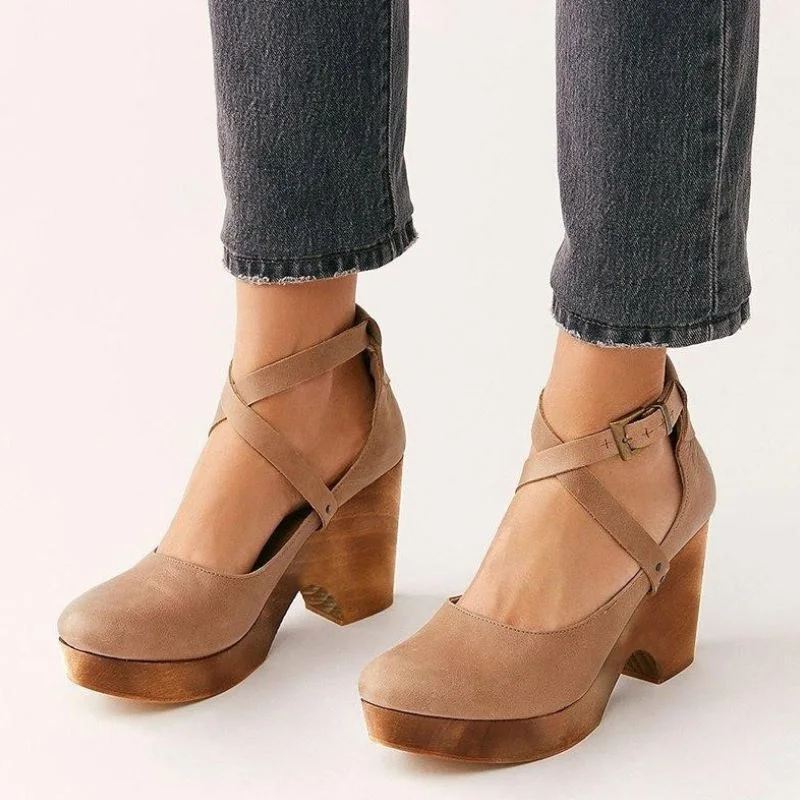 

Kemekiss Women Pumps High Heels Round Toe Fashion Women Shoes Western Style Cross Trap Buckle Ladies Footwear 34-43