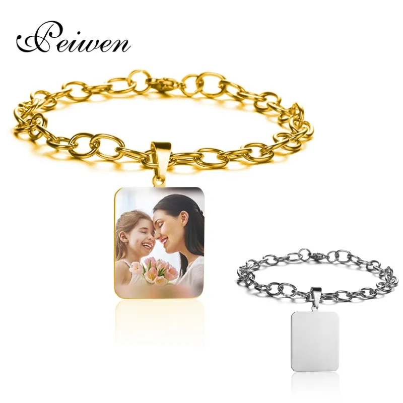 

Customized Rectangle ID Tag Bracelets Engraved Family Baby Pets Photo Name Date Stainless Steel Personalized Adjustable Bangles