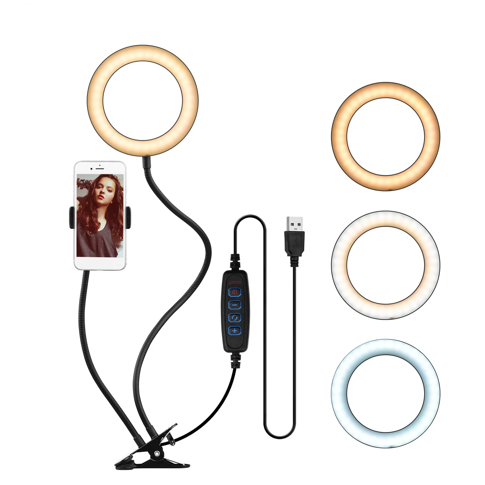 

6-inch LED Ring Light 3000-5000K 3 Colors Brightness Dimmable with Adjustable Stand Phone Holder 1/4-inch Mount Adapter
