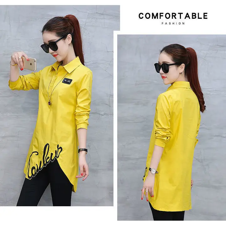 

[large size women's wear] Korean slim spring and autumn wear medium length asymmetric embroidery blouse Long Sleeve Shirt
