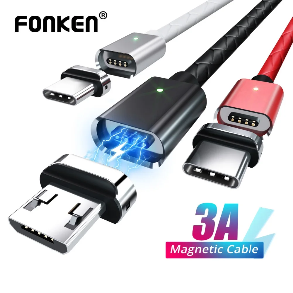 Магнитный кабель Micro USB FONKEN для быстрой зарядки, 3 А, Кабели usb type-C, 1 м, 2 м, провод Android, шнур для быстрой зарядки мобильных телефонов