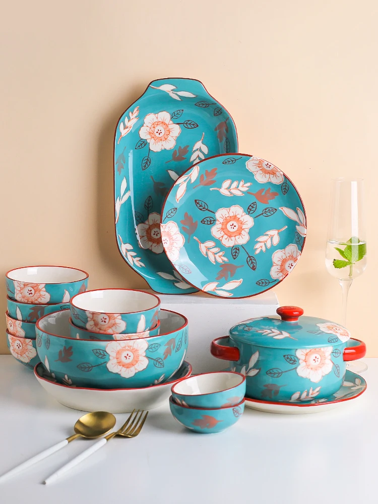 

New Pastoral Green Dinner Set Ceramic Dishes Flavor Saucer Household Tableware Ovenware Steak Fish Plate Noodle Bowl