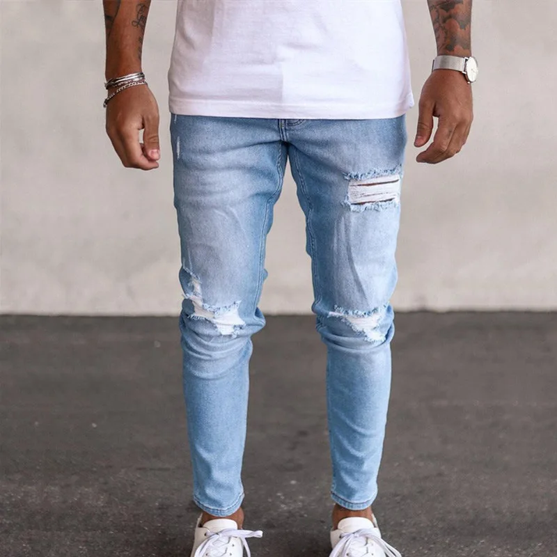Mens Skinny Ripped Jeans Slim Patchwork Blue Denim Pants Pencil Pants Street Hip-hop Denim Trousers Fashion Boyfriend Jeans