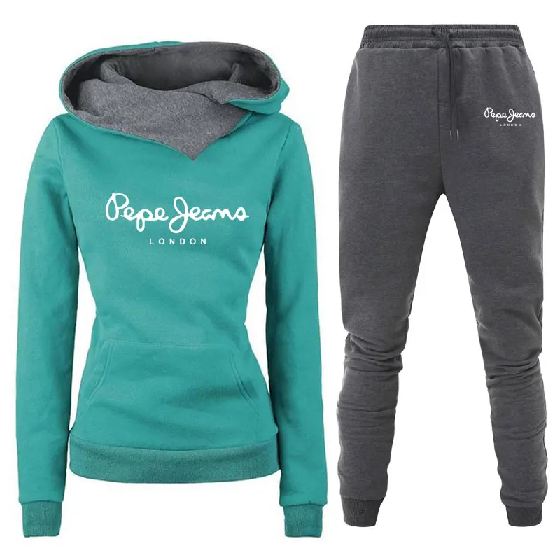 

Autumn and winter sportswear women 2-piece set of printed polar fleece Harajuku sweater suit hoodie + pants suit