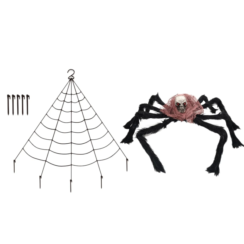 

Halloween Decorations Giant Skull Spider W/Triple-Cornered Spider Web Set For Yard Graveyard Lawn Outdoor Halloween