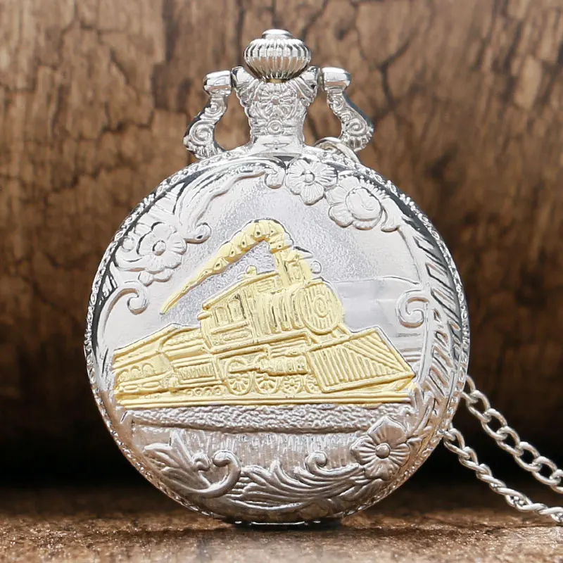 Quartz Pocket Watch Exquisite Train Design Case Watch Silver Pendant Necklace Chain Fashion Gift Sets for Friend
