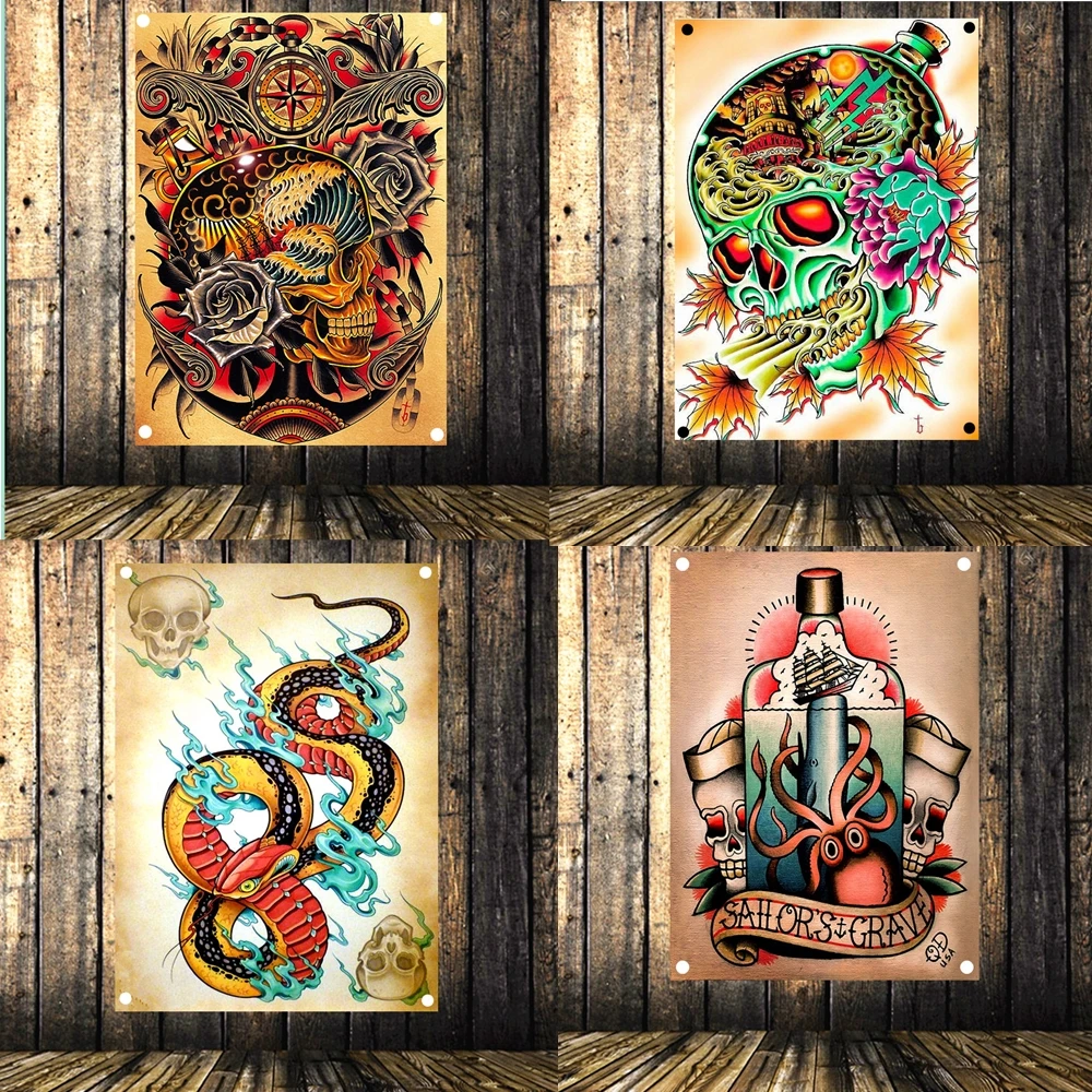 ВИНТАЖНЫЙ ПЛАКАТ с татуировкой флаг баннер настенная наклейка гобелен четырьмя