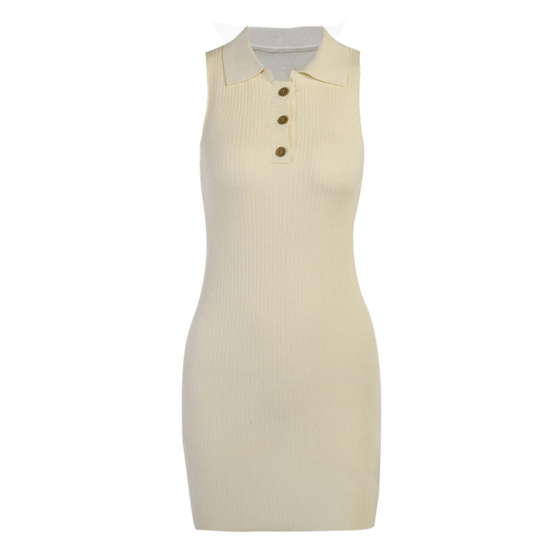 

InstaHot Polo Collar Basic Tank Dress Solid Summer Women Knitted Elegant Lady Vintage Streetwear Party Casual Dress 2021 Female