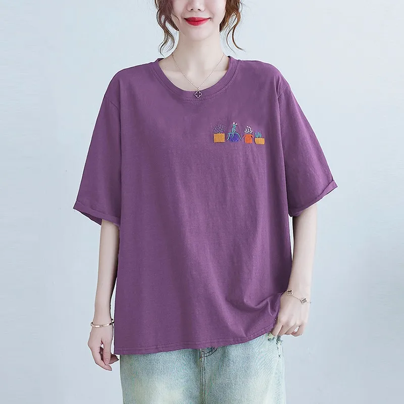 

100% Cotton Women Summer Loose Casual T-shirts New Arrival 2021 Simple Style Embroidery Female Short Sleeve Tops Tees B179