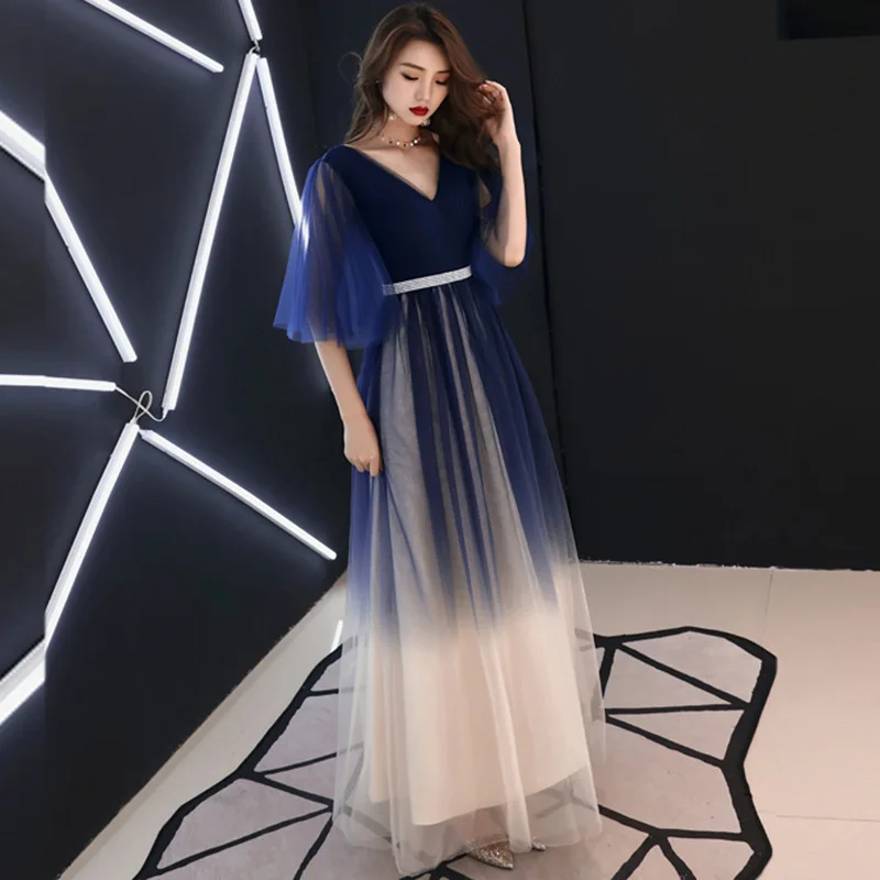 Blue-Tulle sleeve Вечерние платья женские элегантные модные А-образные Длинные вечерние платья кружевные сексуальные вечерние платья с v-образным вырезом Вечерние платья размера плюс ES1880 - Цвет: Blue-Tulle sleeve
