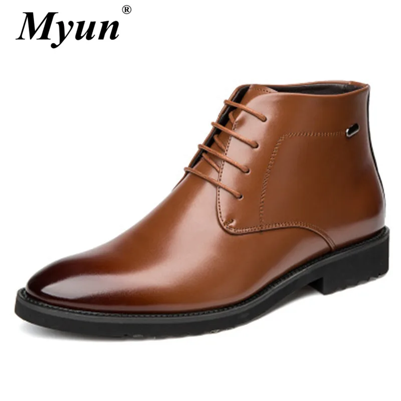 

Men Pointed Toe Quality Plush Work Boots Business Genuine Leather Casual Autumn Winter Ankle Boots Fashion Lace Up Chelsea Boots