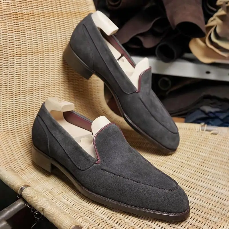 

New Men Shoes Handmade Gray Faux Suede Round Head Low-heeled Simple Slip-on Classic Fashion Business Casual Dress Loafers XM464