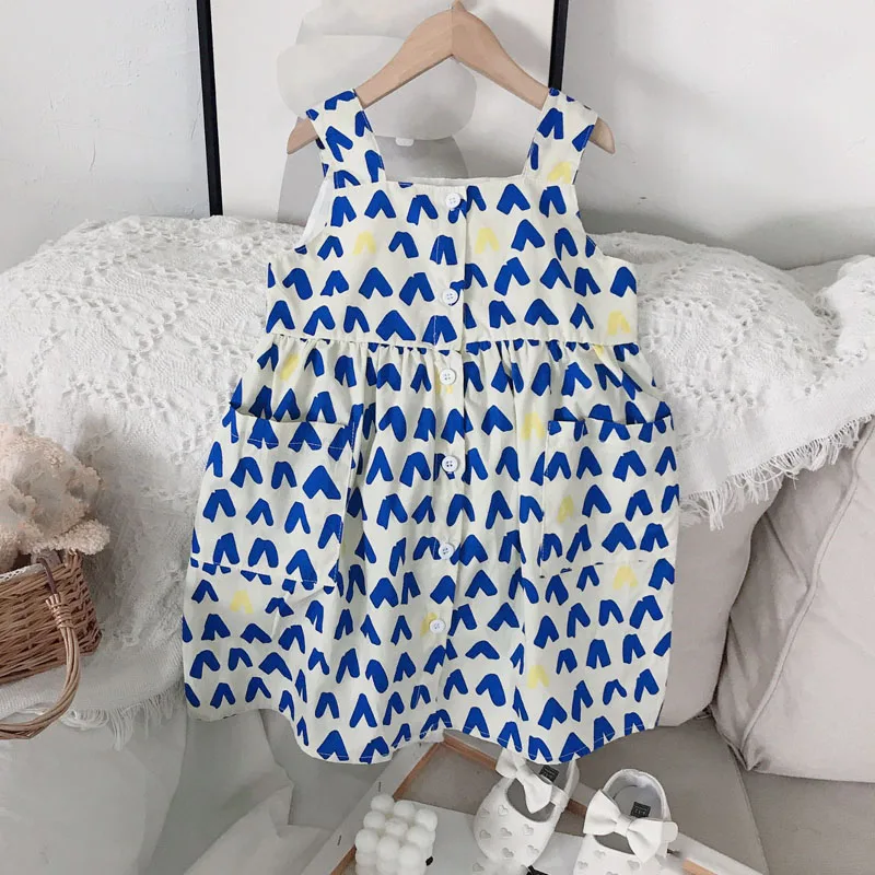 Girls Suspender Dress 2021 Summer New Girl Baby Kids Clothing Cute Casual Outfits Korean Love Square Neck Vest Vestidos
