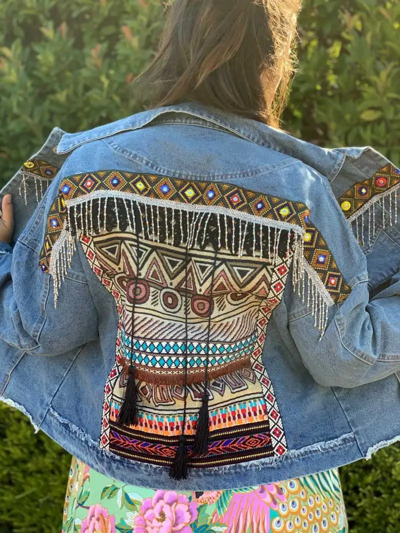 Boho джинсовая куртка с кисточками и вышивкой в этническом стиле винтажная куртка женская народная украшенная куртка оверсайз пальто Цыганская Chaqueta