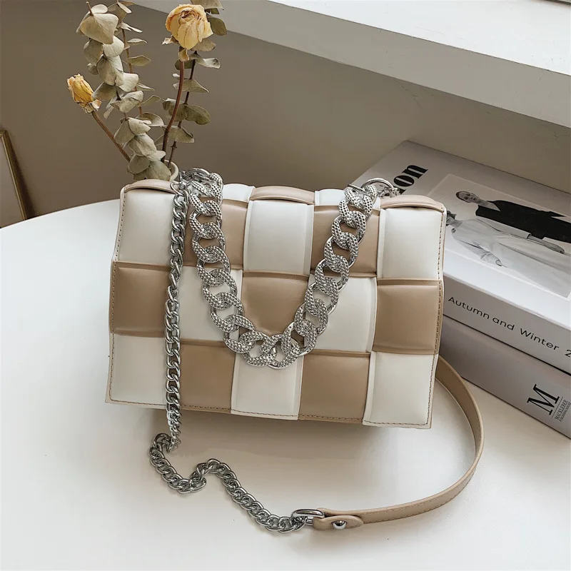 

European and American contrast woven small square bag 2021 new fashion ladies luxury simple chain handbag messenger bag