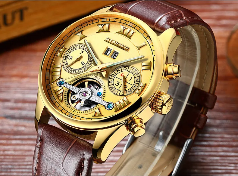 Швейцарские Бингер мужские часы люксовый бренд Tourbillon сапфир светящиеся несколько функций механические наручные часы B8602-7