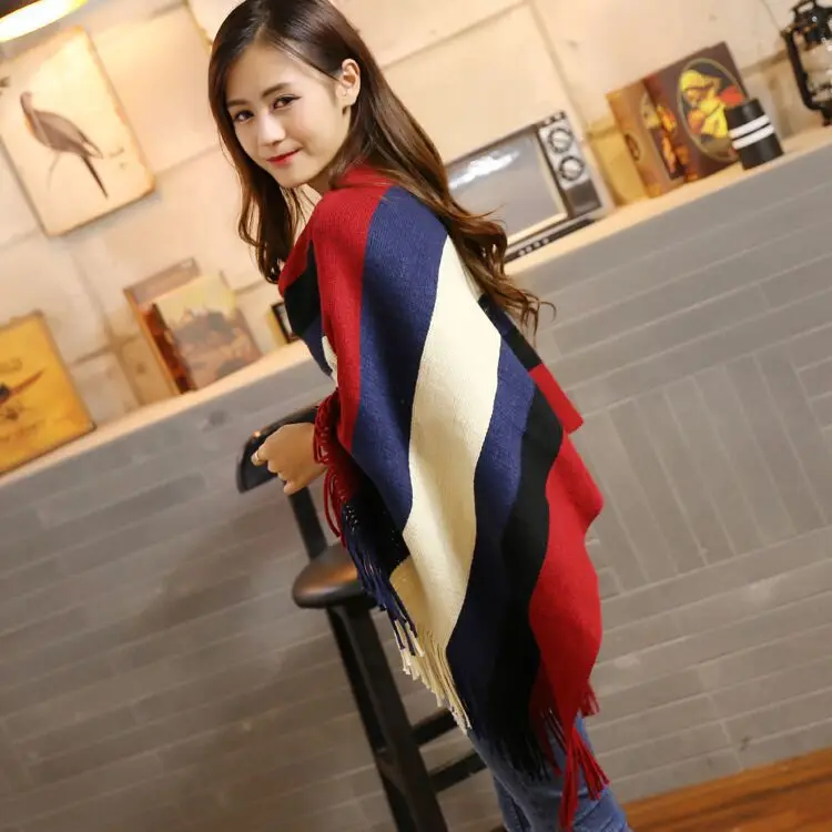 Striped Sleeveless Fringed Knitted Sweater Poncho Women Color Matching Round Neck Pullover Bat Female Spring 2021 |