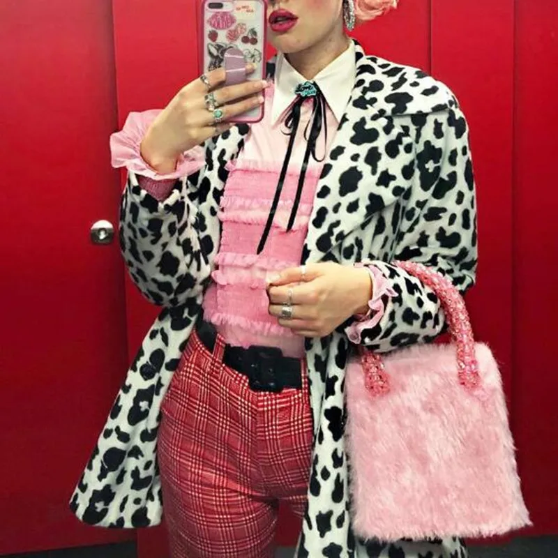 Белая черная куртка из искусственного меха пальто для женщин осенняя мода принт