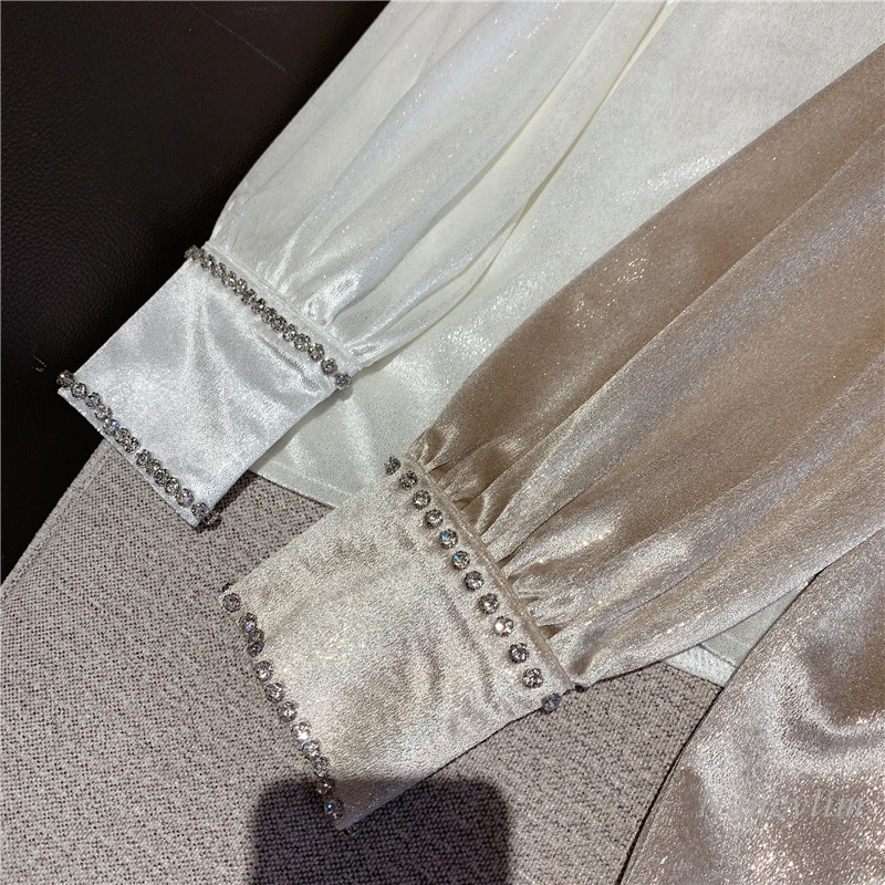 Tempérament Strass Satin Petit Haut Pour femmes 2021 printemps Col Rabattu À Manches Longues Chemisier De Dame Blusas Nancylim