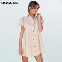 ouslee sweet puff sleeves dress women 2021 summer elegant party dresses office ladies casual loose single breasted chic sundress