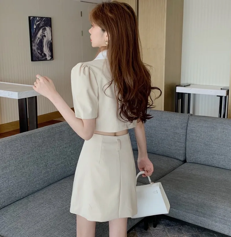 

2021 summer women Two piece sets Double-breasted short sleeve Tops + High waist skirt suit