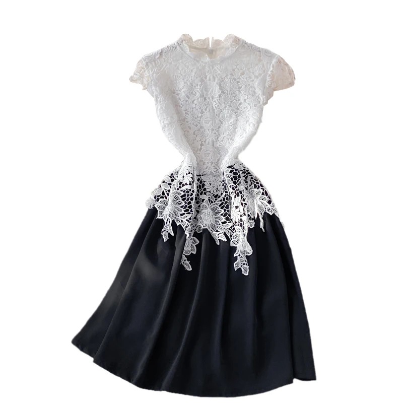 

2021 autumn new women's o-neck Embroidered lace with chiffon party dress female Chic elegant A-line dresses