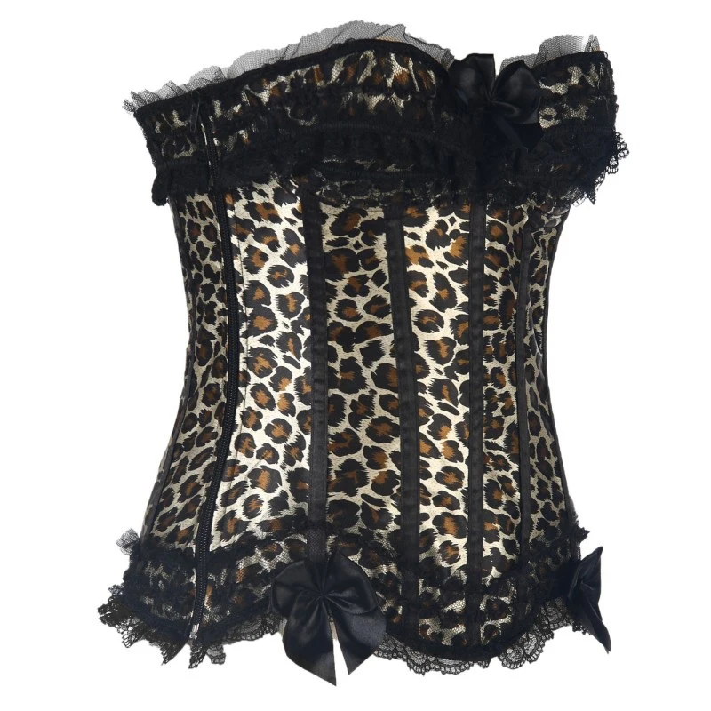 

Sexy Satin Lace Overlay Corsets and Bustiers Victorian Leopard Overbust Corselet Lingerie Top Vintage Showgirl Bodyshaper S-6XL