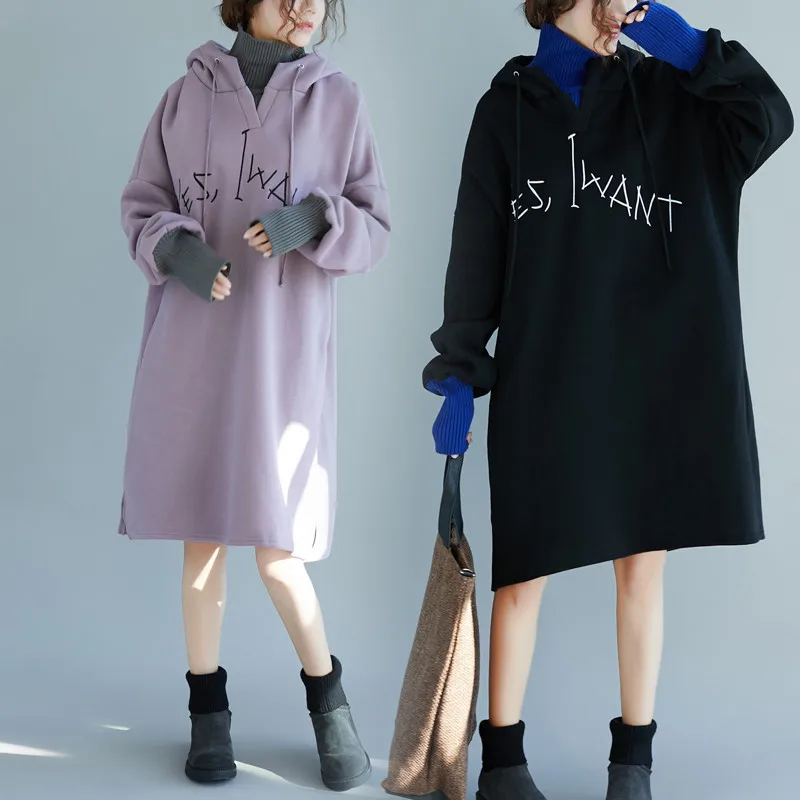Зимнее платье-свитшот с надписью женское толстовка капюшоном Осеннее плотное