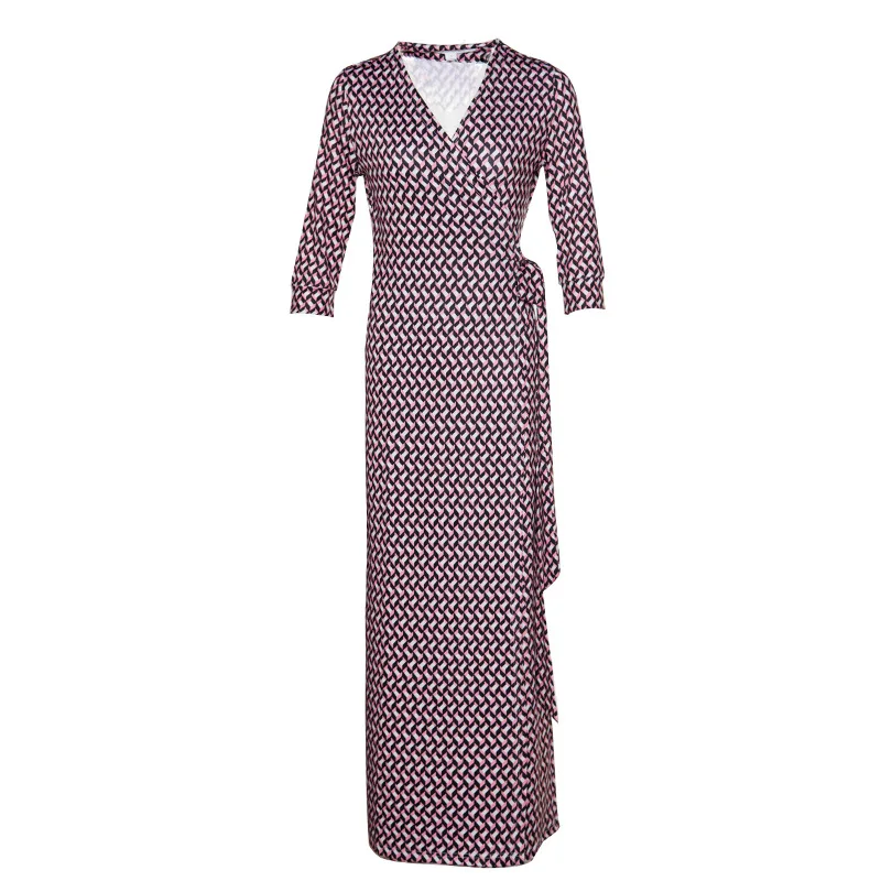 

2020 New Style Europe And America Long Wrap Dress Small Floral Elegant Fashion Elegant V-neck Lace-up Dress Women's