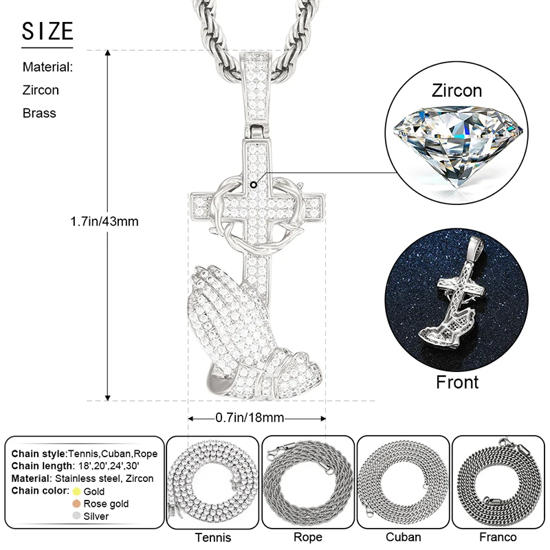 

New Design Women Fashion Cross Pendant Necklace Men Hip Hop Jewelry Iced Out Cubic Zirconia Pendant With Tennis Chain Gift