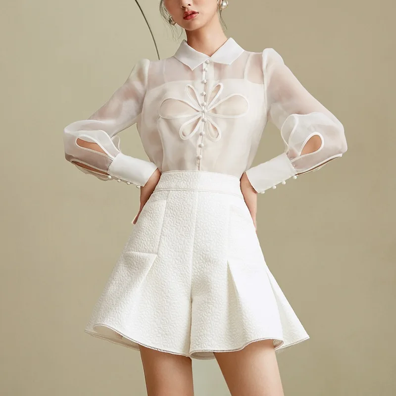 

Женский жаккардовый комплект из двух предметов, белая рубашка с длинным рукавом и перфорацией, элегантный спортивный костюм