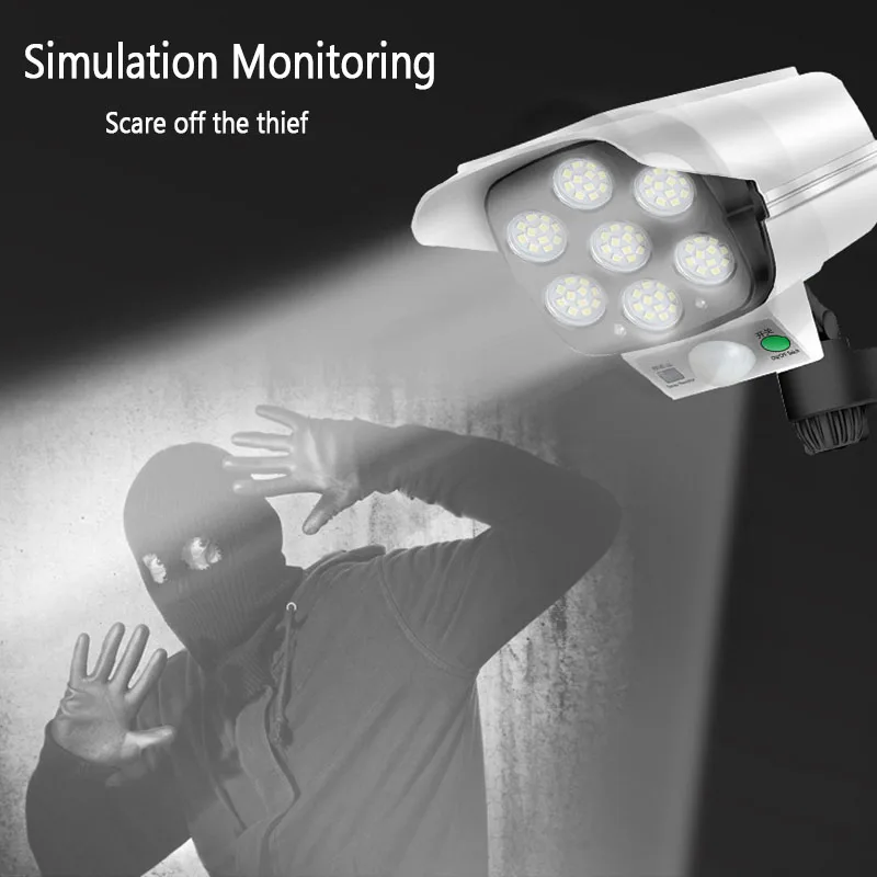 

77 LED Outdoor Solar Motion Sensor Fake Surveillance Cameras Lights Waterproof Wall Lamp With Remote 3 Mode Garden Patio Decor