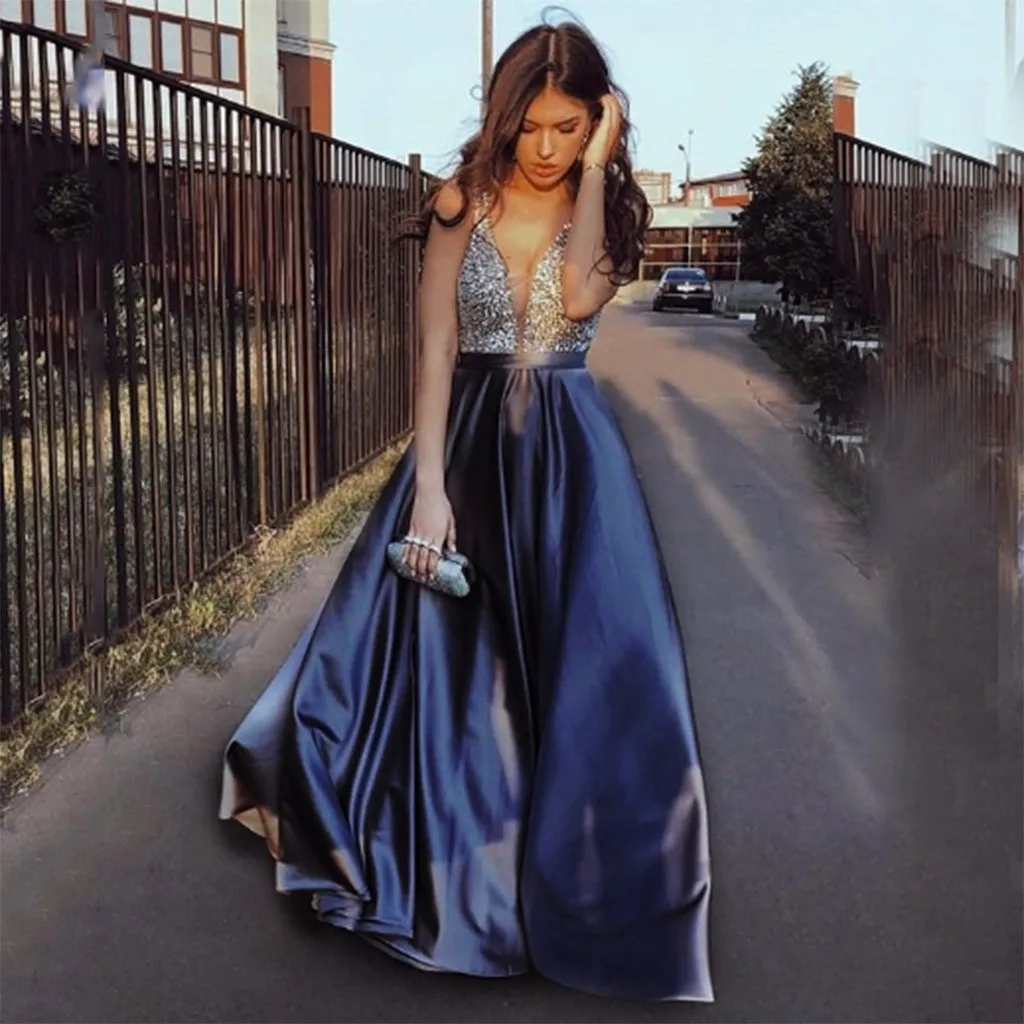 Лидер продаж вечернее платье с v-образным вырезом разрезом блестками и