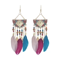 bohemian vintage colorful feather long drop earrings for women tibetan brincos bijoux long chain leaf tassel dangle earrings