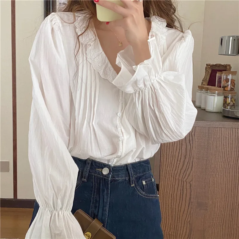 

Новинка осени 2021, женская рубашка Hzirip с V-образным вырезом, кружевные повседневные Универсальные женские блузки с оборками, офисные женские ...