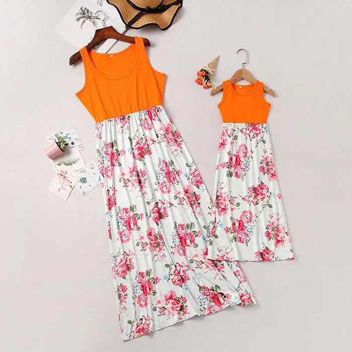 Parent-child Mother Girls Casual O-Neck Sleeveless S/M/L/XL/XXL A-line Pleated Prints Dress 80/90/100/110/120 | Мать и ребенок