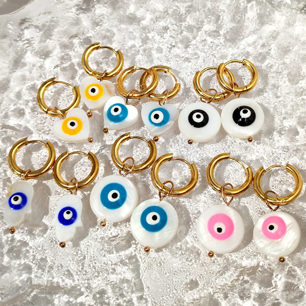 

Elegant Fashion Natural Shell Heart Stainless Steel Hoop Earrings for Women Gold Color Evil Eye Earrings Lucky Gift Jewelry 2022