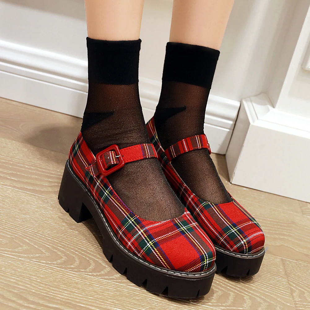 

SARAIRIS Brand New Female College Style Jk Concise Pumps Mary Janes Pumps Women Plaid Platform Chunky Heels Buckle Shoes Woman