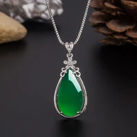 lucky jewelry ethnic style five petals green chalcedony pendant female retro flower zircon drop shaped agate necklace