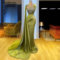 smileven satin mermaid formal evening dresses beaded crystal prom dress long train celebrity party gowns custom made