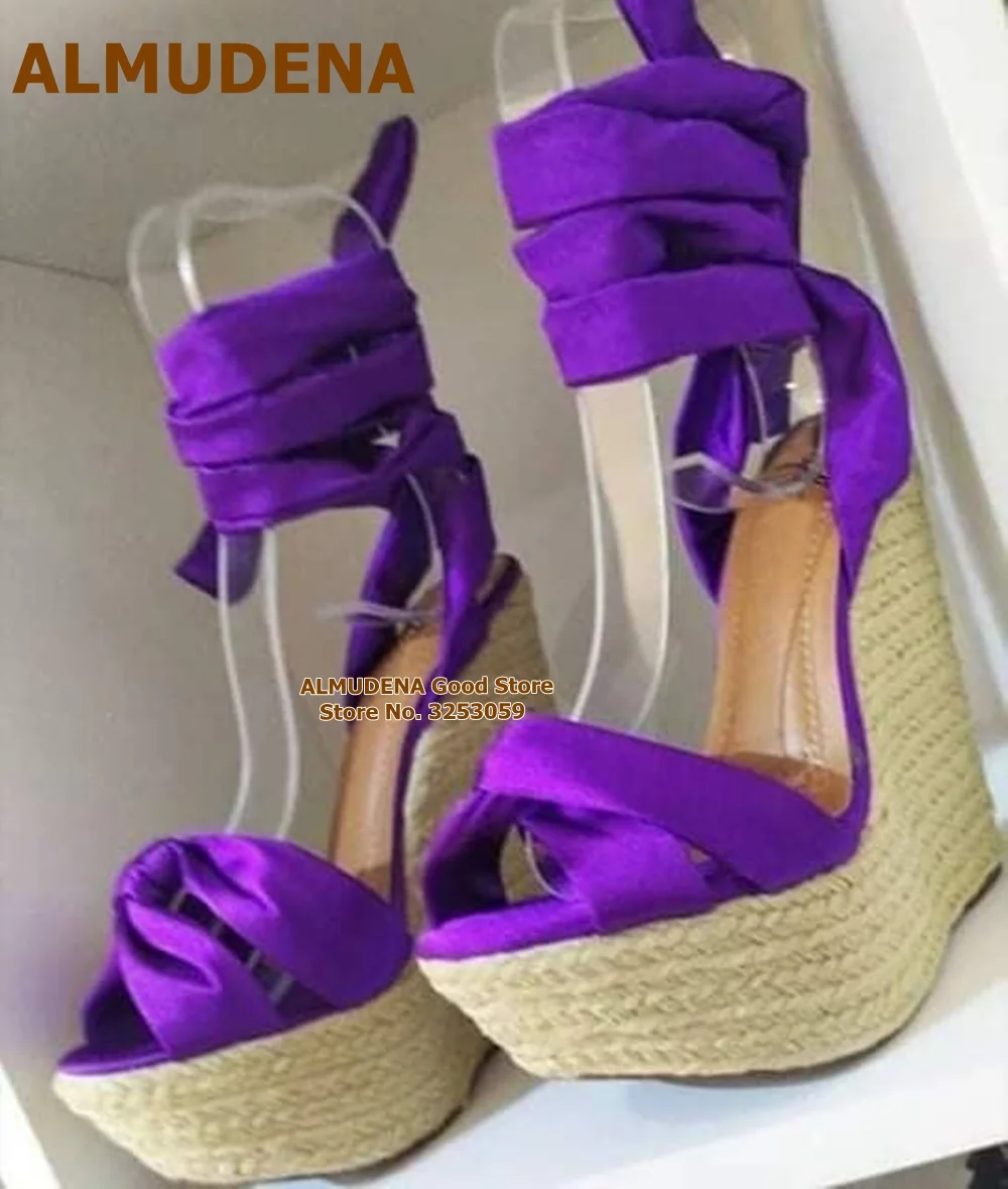 

ALMUDENA Rope Weaving Wedge Heel Sandals High Platform Purple Satin Fabric Bowtie Bridal Shoes Lace-up Silk Bowknot Dress Pumps