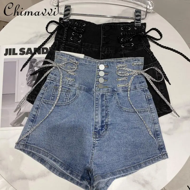 

Однобортные джинсовые шорты с боковым ремешком, облегающие короткие брюки с высокой талией, популярные штаны, летние модные простые шорты д...