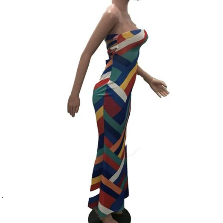 Fashion 2019 New Women Colorful Striped Strapless Bodycon Sheath Maxi Dress Sleeveless Beach Party Club Long Dresses | Женская одежда