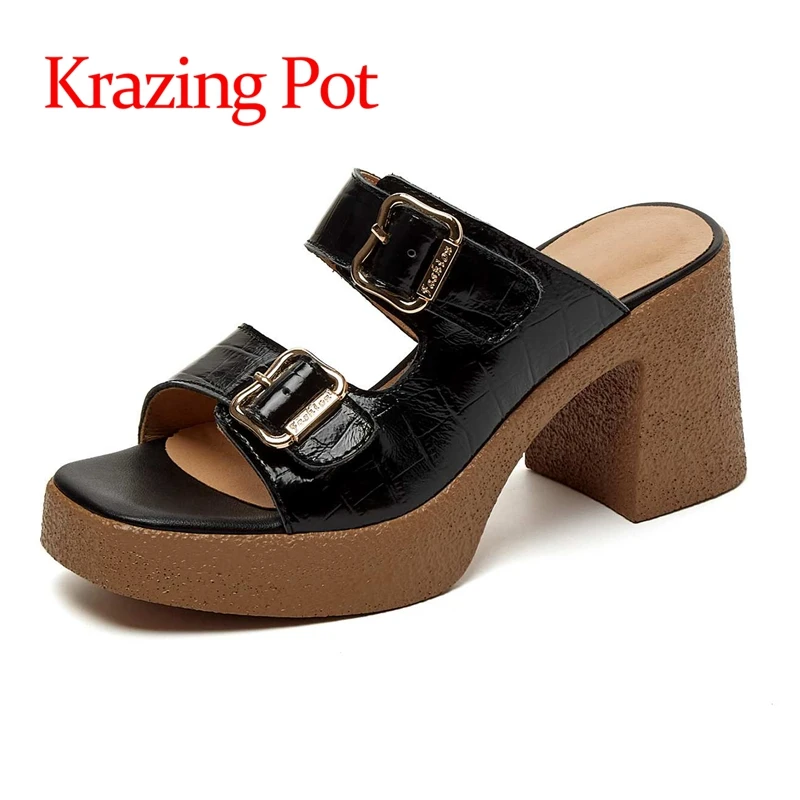 

Босоножки Krazing pot из коровьей кожи с открытым носком, винтажные однотонные водонепроницаемые сандалии на толстой подошве, без застежки, L56
